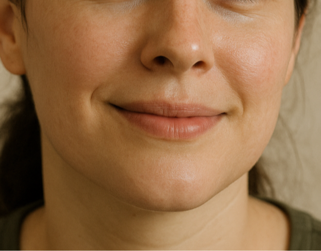 Woman with text overlay 'My skin feels firmer and looks more radiant!' against a neutral background